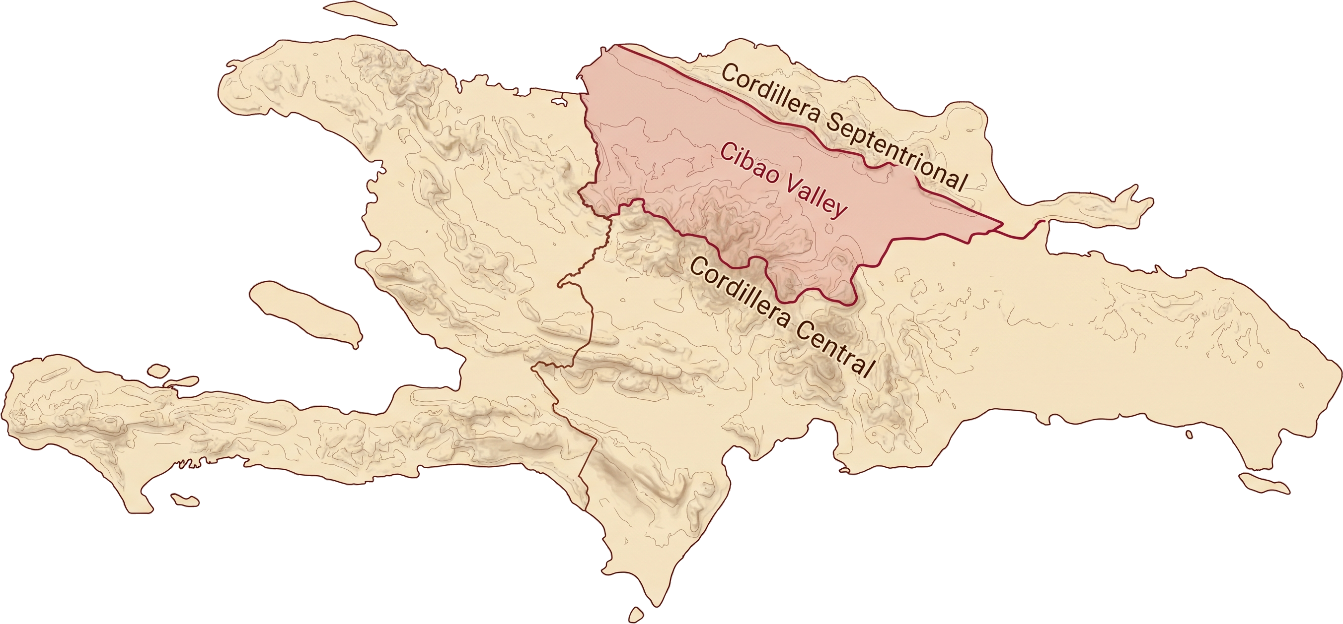 Map of Hispaniola showing the Cibao Valley in the northern Dominican Republic, between the Cordillera Central and Cordillera Septentrional